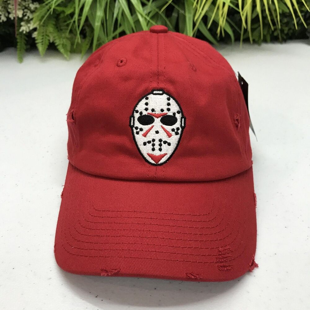 Field Grade Hat Cap Strap Back Red Horror Hockey Mask Distressed Dad Hat Mens